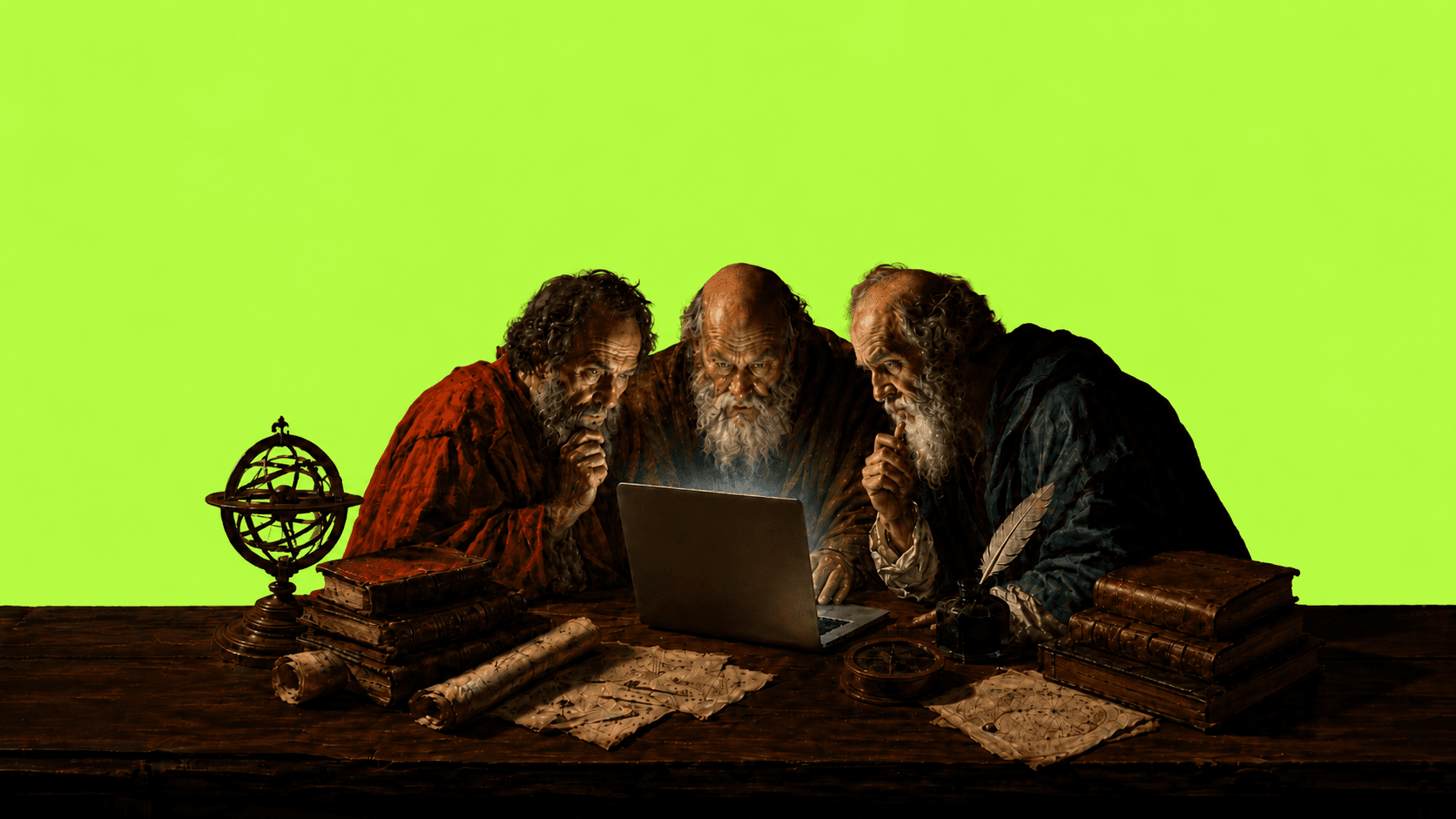 Tres estudiosos analisando um laptop entre instrumentos e livros antigos
